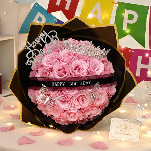 Lovengift™ Eternal Glitter Rose Bouquet – 36 Pink Roses with Birthday Sign for Mom, Wife & Grandma